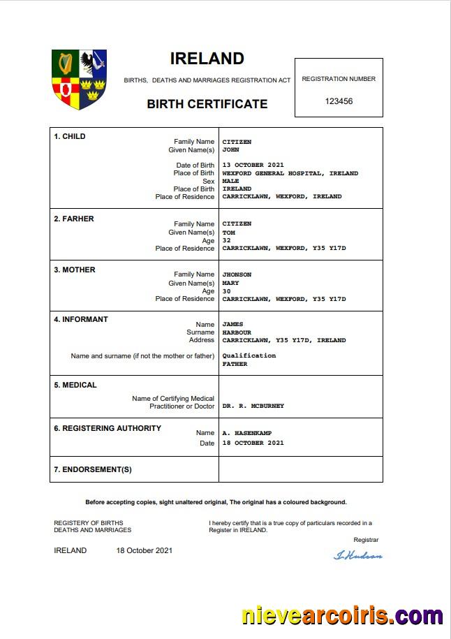 Ireland birth certificate